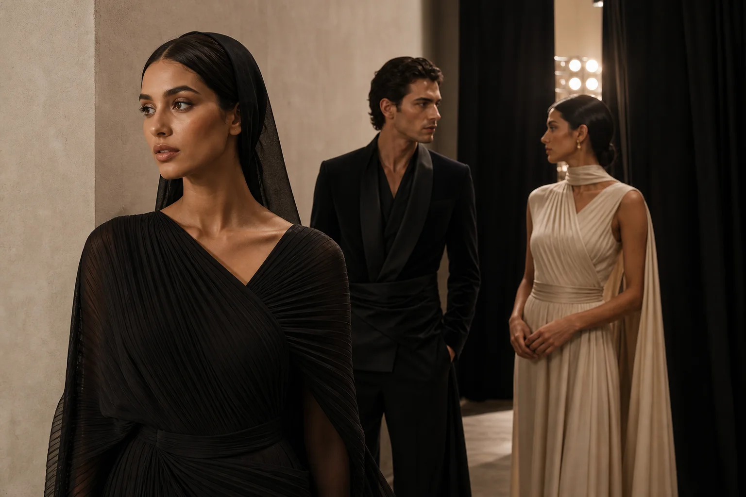 Models backstage before a luxury fashion presentation