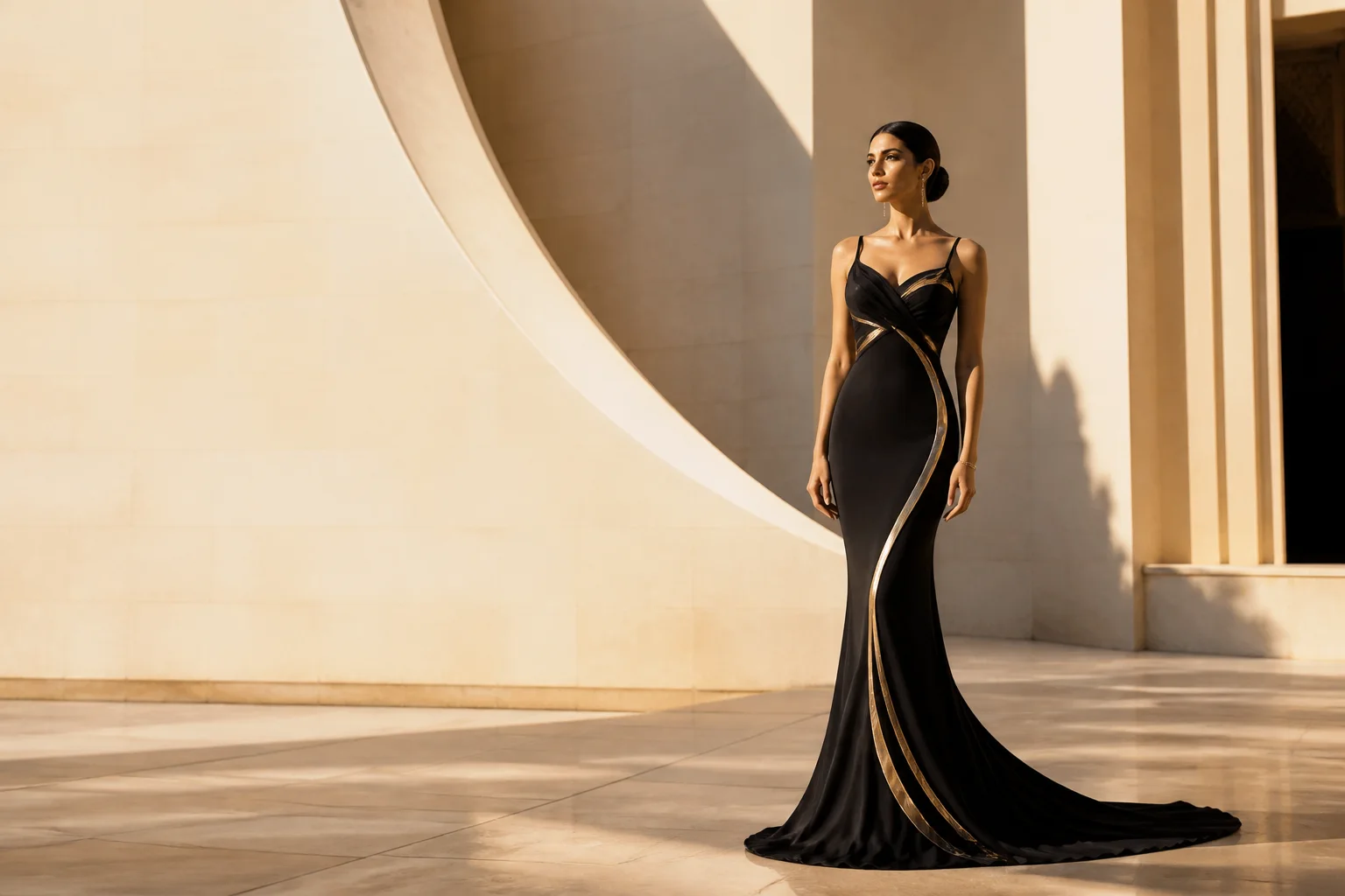 Model in a sculptural black and gold gown at a contemporary Gulf venue